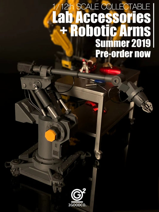 Model of robotic arms with text about lab accessories and pre-order information on a dark background. 2GOODCO 1/12 Scale High-Tech Lab Robotic Arms Mechanical Workshop Upgrade Set