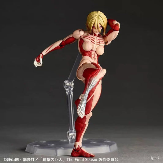 Action figure with red and beige outfit on a dark background Attack on Titan: Annie Leonhart - The Female Titan Amazing Yamaguchi No.043 Revoltech Action Figure by Kaiyodo