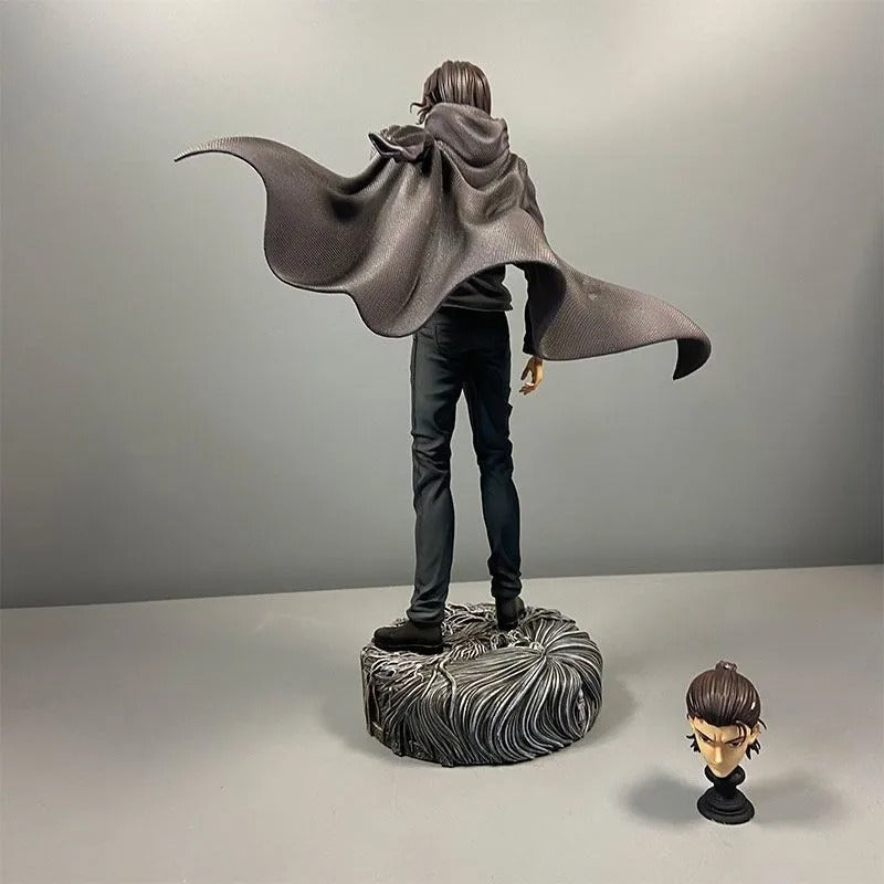 Statue of a character with a flowing cape and a smaller figure on a gray background Attack on Titan: Eren Jaeger (The Jaegerist Leader / Final Season) 30cm Premium Scale Figure Statue by Herz Studio