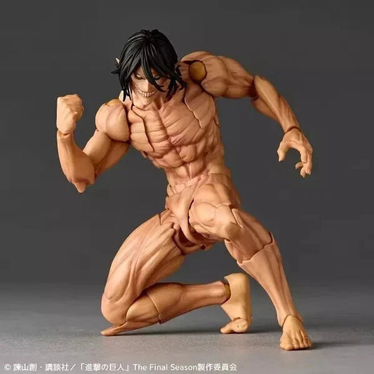 Muscular action figure in a dynamic pose on a dark background Attack on Titan: Eren Yeager (Attack Titan Form) Amazing Yamaguchi No.041 Revoltech Action Figure by Kaiyodo