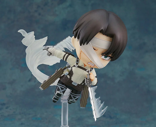 Action figure with a character holding weapons against a blue gradient background Attack on Titan: Levi Ackerman (The Final Season - Nendoroid No.2002) Authentic Fully Articulated Chibi Figure by Good Smile Company