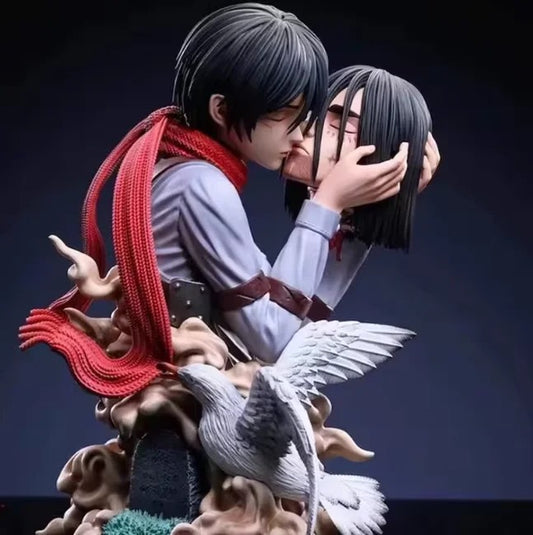 Statue of two characters embracing with a red scarf and a white bird on a dark background Attack on Titan: Mikasa Ackerman & Eren Yeager "A Kiss of Death" Final Farewell Scene 1/8 Scale Limited Edition Resin Diorama Statue by LC Studio