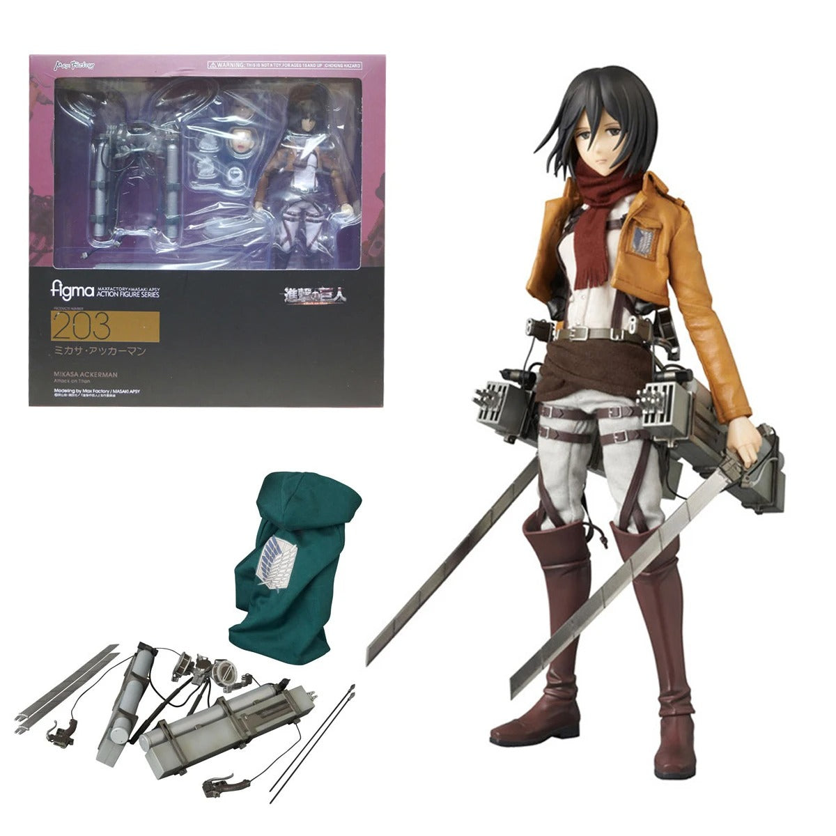 Action figure with accessories and packaging on a white background Attack on Titan: Mikasa Ackerman (Figma No.203) Highly Poseable Premium Action Figure by Max Factory