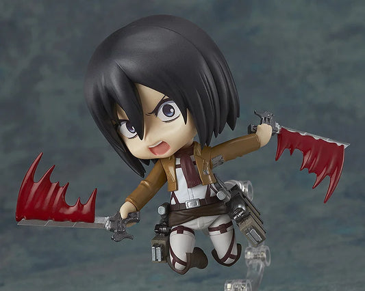 Action figure with dark hair and red weapon on a gray background Attack on Titan: Mikasa Ackerman (Nendoroid No.365) Authentic Fully Articulated Premium Chibi Figure by Good Smile Company