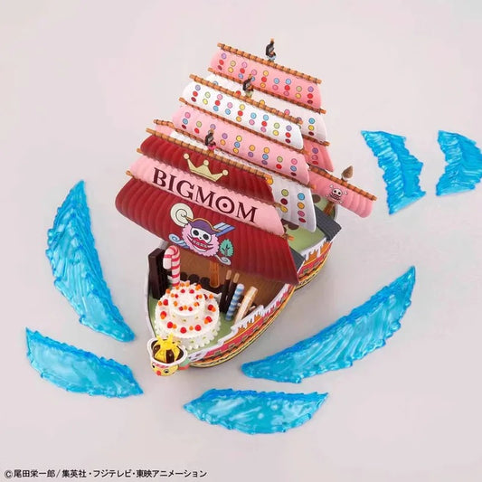 Colorful toy ship model with 'BIGMOM' branding on a light gray background Bandai Spirits Hobby One Piece Grand Ship Collection: Queen Mama Chanter – Authentic Scale Model Kit (Big Mom Pirates Flagship)
