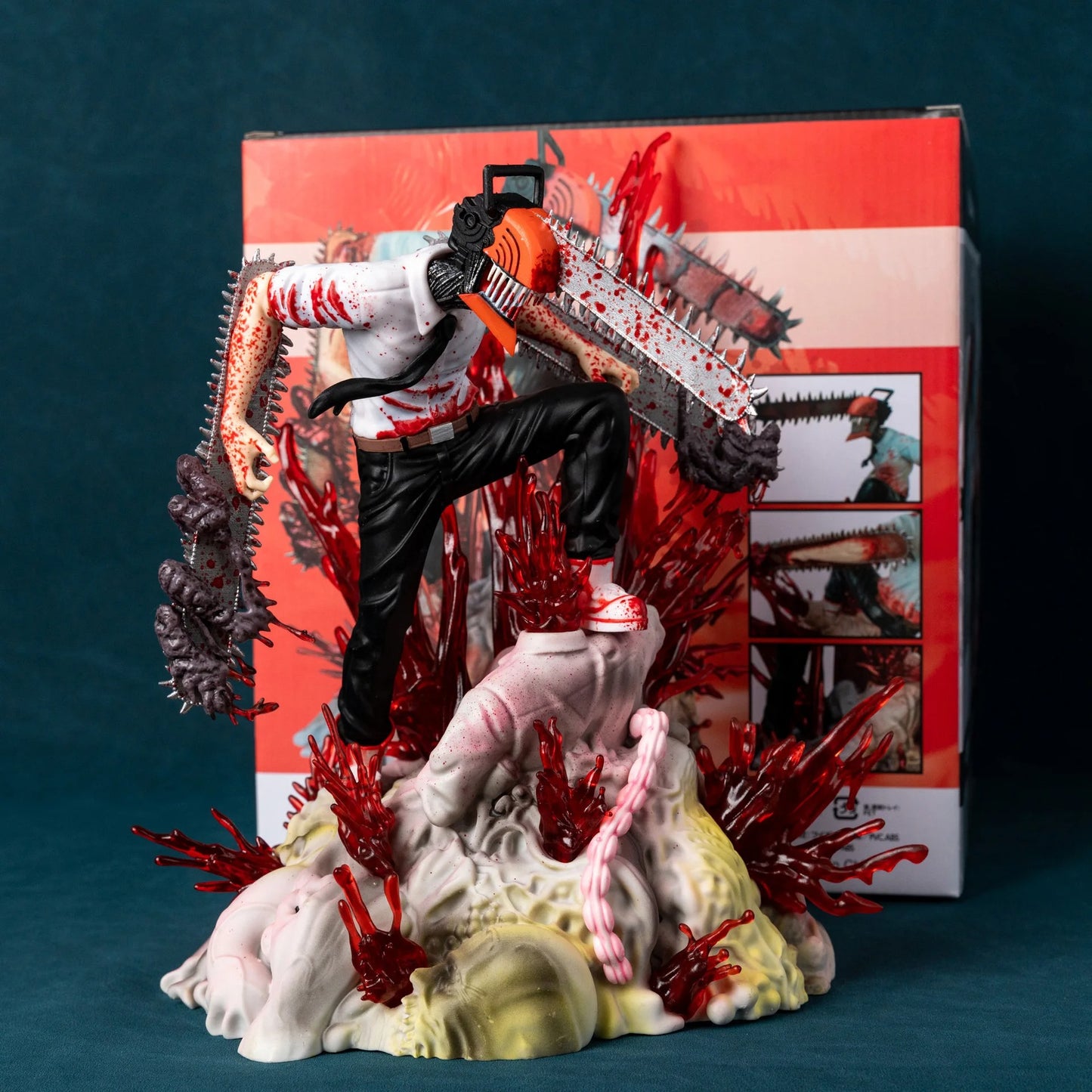 Gore-themed action figure with a red and white color scheme, displayed against a dark background. Chainsaw Man Denji 29cm Battle Scene Authentic Diorama Figure – Premium Visceral Gore & Translucent Blood Splatter Extra-Large Collectible Character Statue