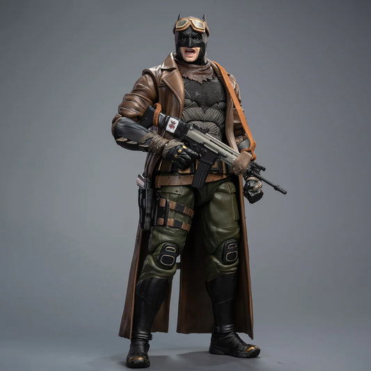 Action figure in a detailed costume with a gun on a gray background DC Comics Knightmare Desert Batman (Batman v Superman Edition) 1/9 Scale Premium Action Figure by FondJoy