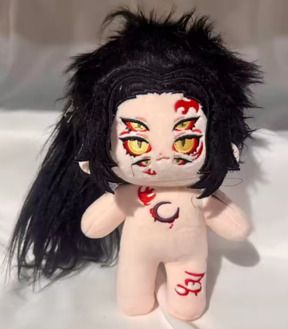 Plush toy with black hair and red markings on a white background Demon Slayer: Kimetsu no Yaiba Kokushibo (Upper Moon One) Premium 20cm Soft Plushie Doll – Starry Celestial Cape Attribute Edition 1