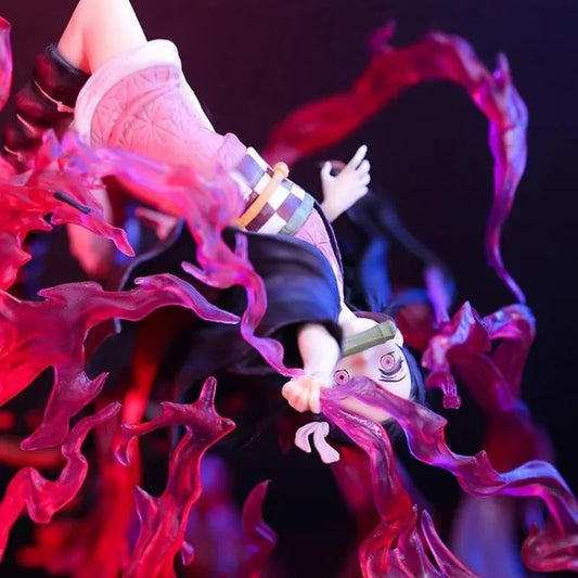 Action figure with vibrant pink and red flames against a dark background Demon Slayer: Kimetsu no Yaiba Nezuko Kamado Authentic 16cm PVC Figure – Blood Demon Art Exploding Blood Special Edition