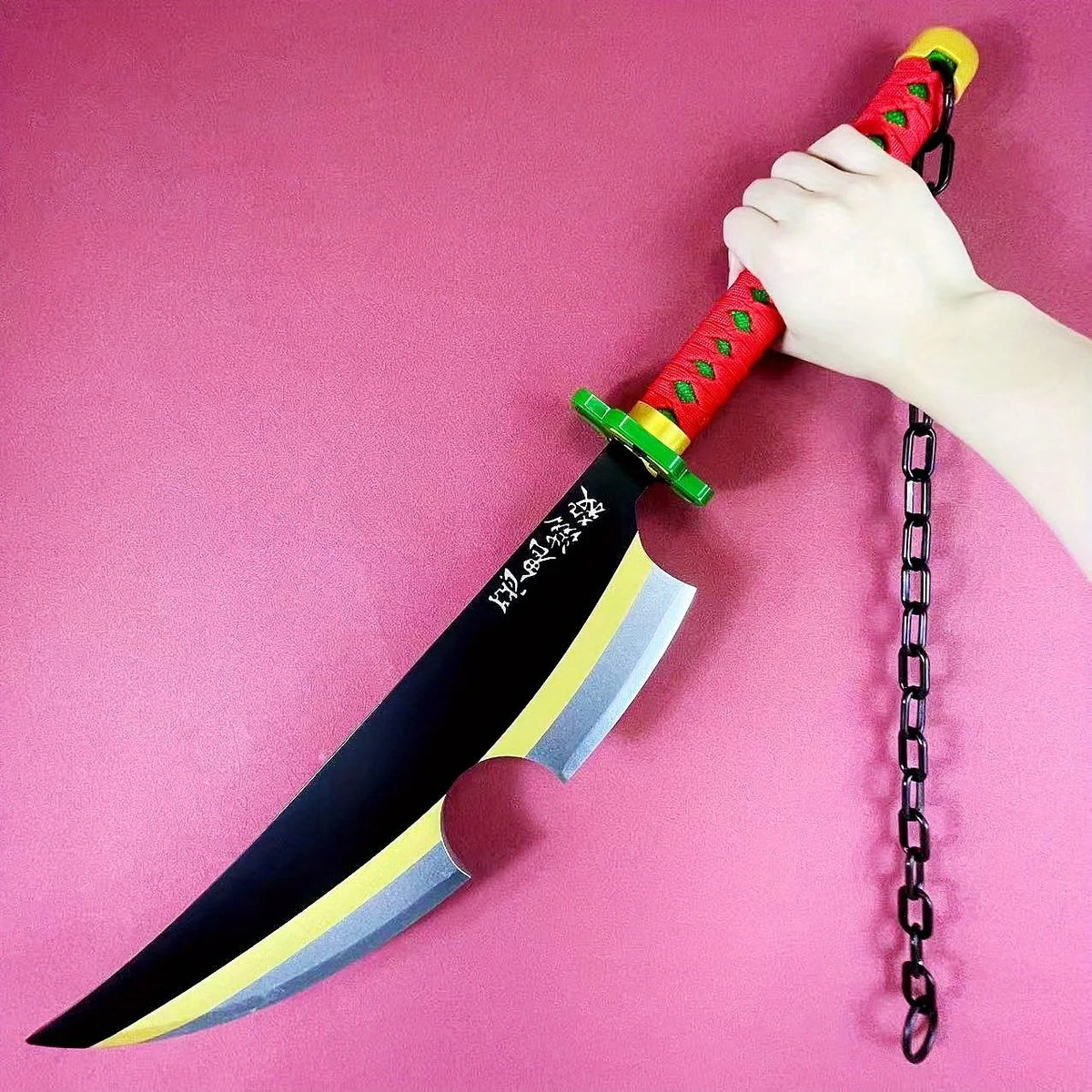 Colorful toy sword with a chain on a pink background Demon Slayer: Kimetsu no Yaiba Tengen Uzui Authentic 80cm Dual Bamboo Nichirin Cleavers – Sound Hashira 2-Piece Display & Cosplay Set with Connecting Chain