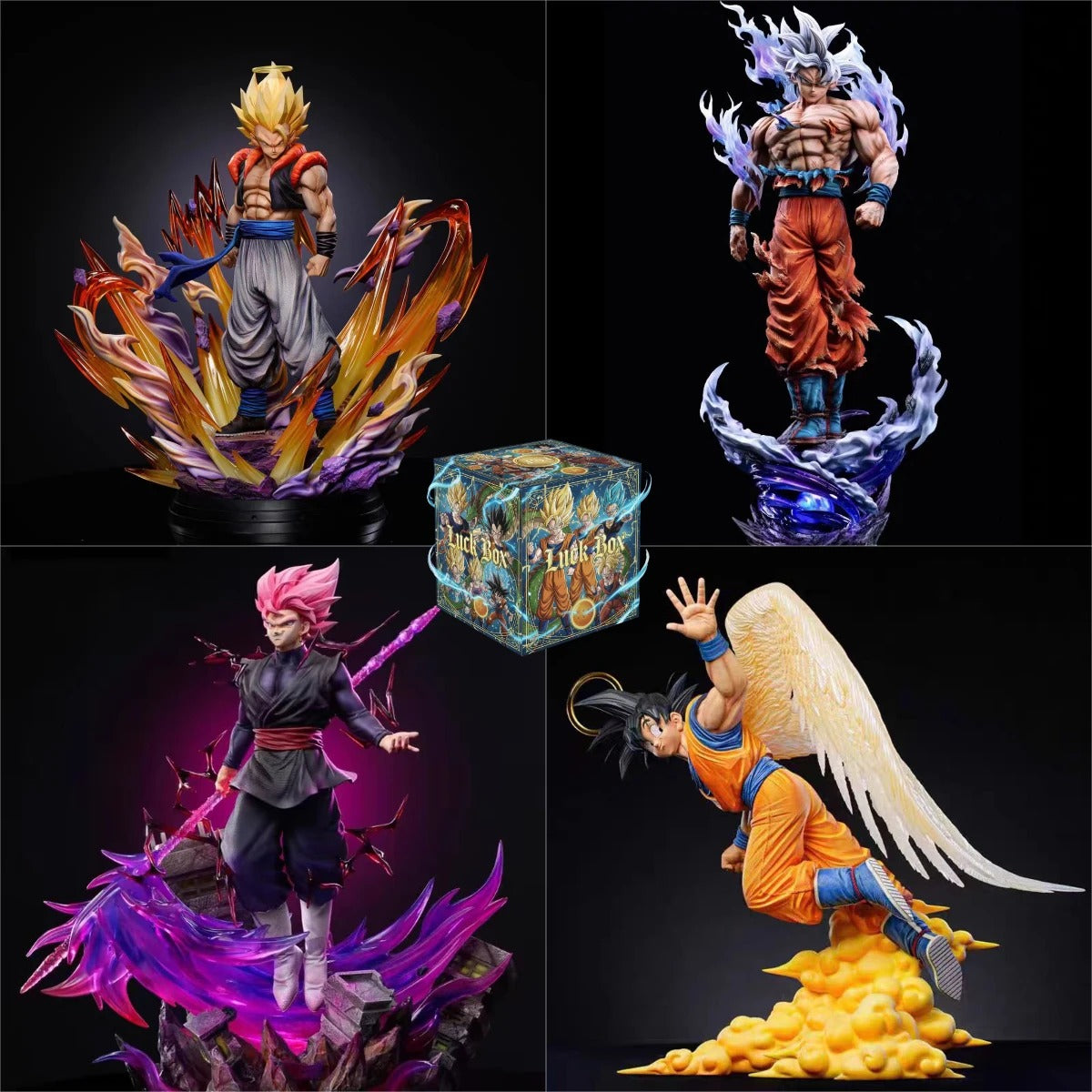 Collage of four action figure statues on a dark background