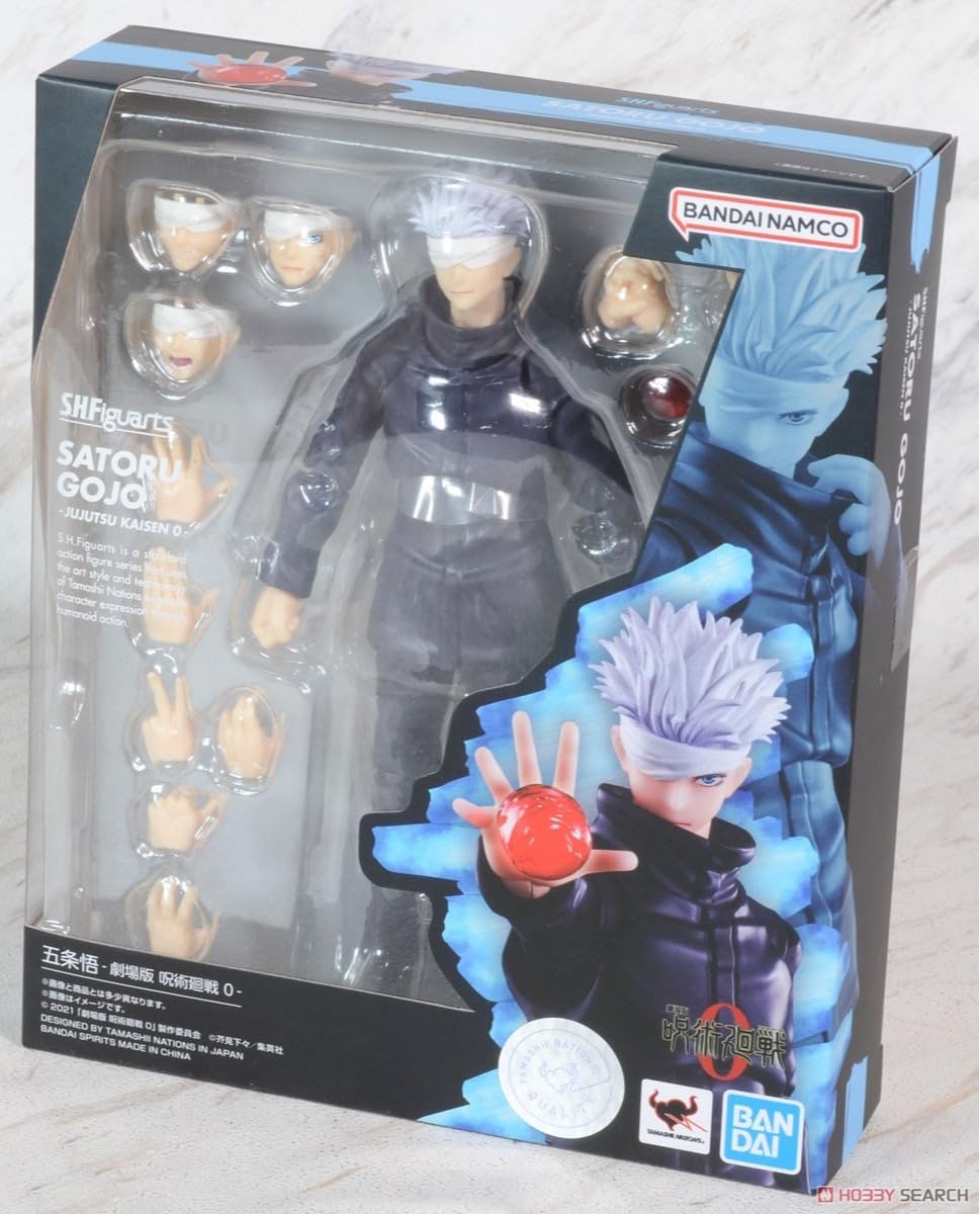 Action figure packaging with character illustration and BANDAI NAMCO branding Jujutsu Kaisen 0: The Movie S.H.Figuarts Satoru Gojo Authentic 16cm Articulated Action Figure – Prequel Special Grade Sorcerer Edition