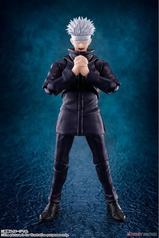 Action figure of a character in a dark outfit with a blue background Jujutsu Kaisen 0: The Movie S.H.Figuarts Satoru Gojo Authentic 16cm Articulated Action Figure – Prequel Special Grade Sorcerer Edition pose