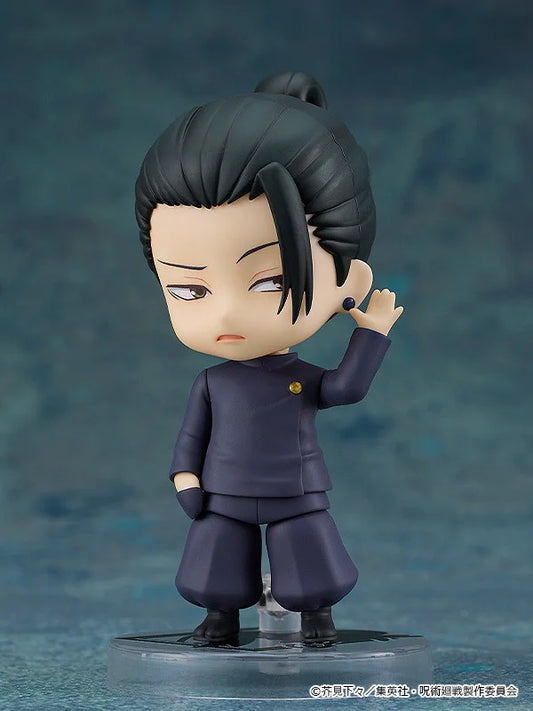 Character figurine with dark hair and traditional outfit on a blue gradient background Jujutsu Kaisen Nendoroid No. 2206 Suguru Geto Authentic 10cm Chibi Action Figure