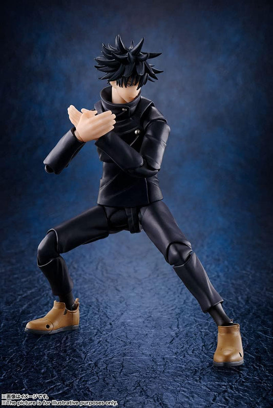Action figure in black outfit with brown shoes on a dark blue background Jujutsu Kaisen S.H.Figuarts Megumi Fushiguro Authentic 15cm Articulated Action Figure