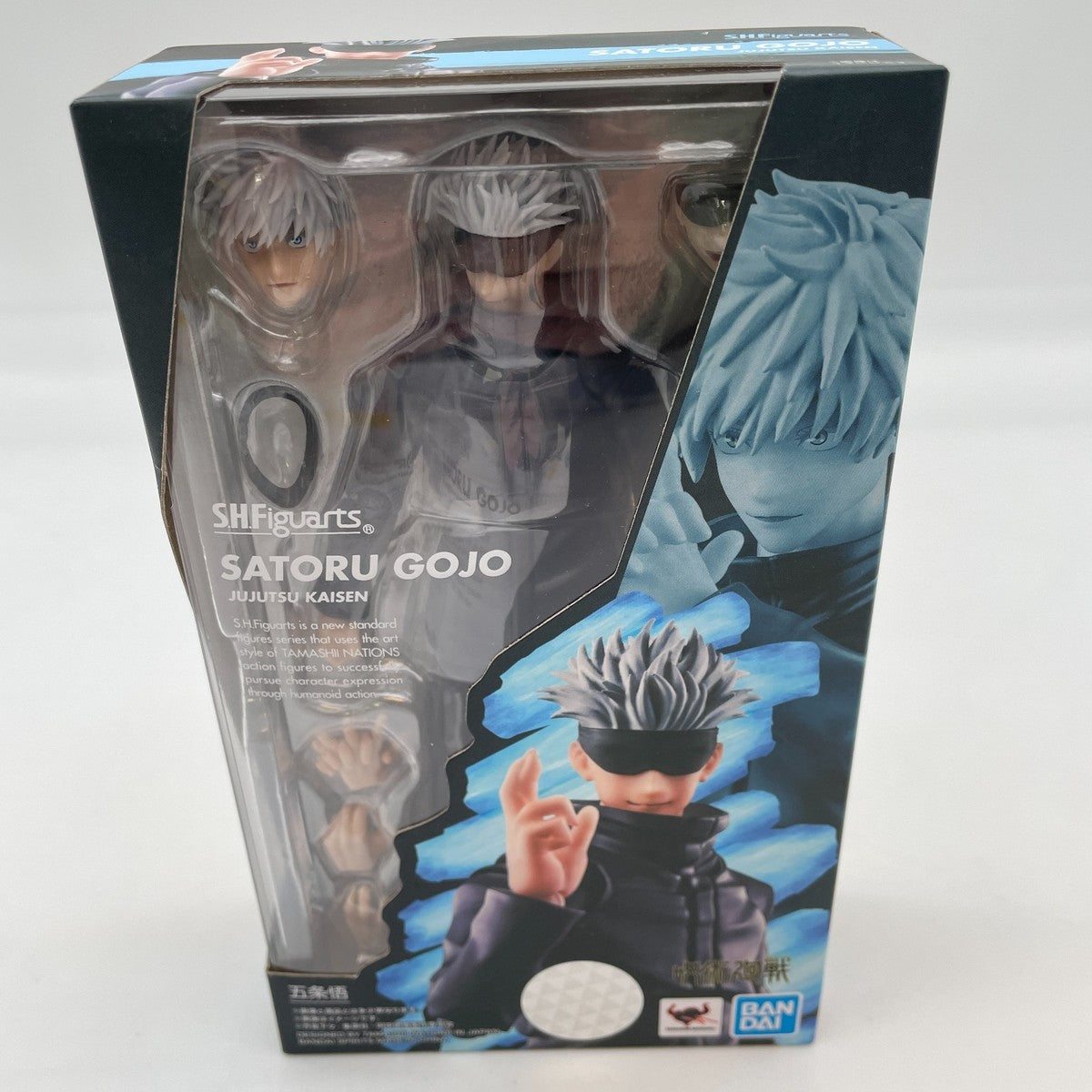 SHFiguarts Satoru Gojo action figure packaging with character illustration on a white background Jujutsu Kaisen S.H.Figuarts Satoru Gojo Authentic 17cm Articulated Action Figure – Modern World's Strongest Sorcerer Edition box