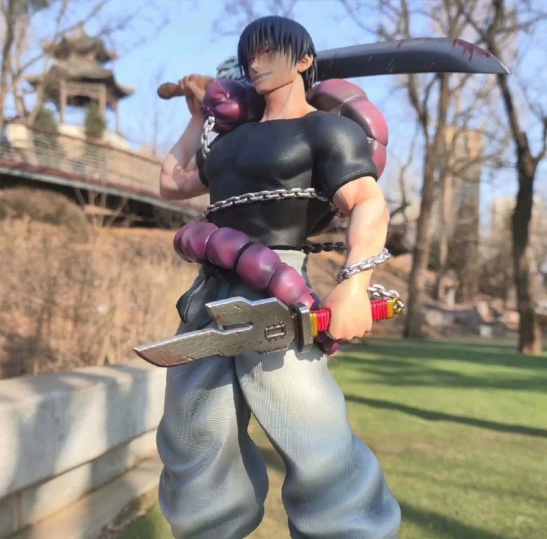 Action figure holding weapons in an outdoor setting Jujutsu Kaisen Toji Fushiguro Authentic 22cm Strongest Warrior PVC Figure – Sorcerer Killer Edition with Inventory Cursed Spirit and Weapon Arsenal