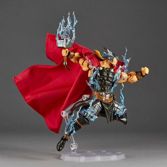 A Thor action figure posed mid-lunge with a large red cape, black armor, gold accents, and translucent blue lightning effects, displayed on a clear stand against a gray studio background. Marvel Amazing Yamaguchi Revoltech NR018 Thor Authentic Action Figure