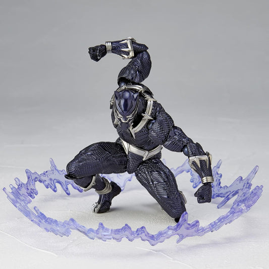 Action figure in black and silver costume with a glowing purple energy effect on a gray background Marvel Amazing Yamaguchi Revoltech No.030 Black Panther Authentic Action Figure
