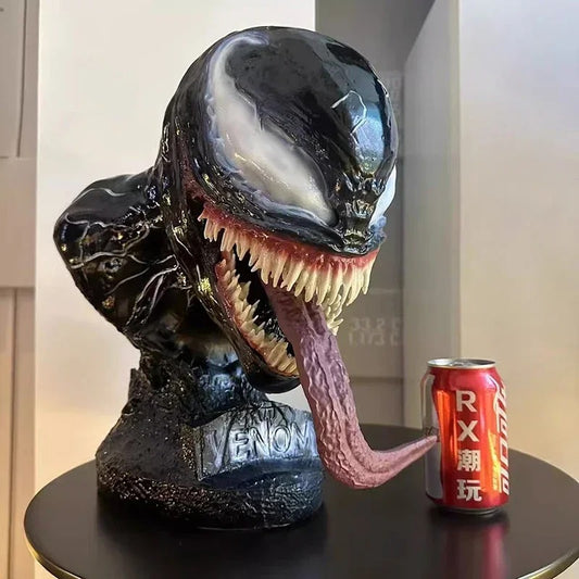 Venom bust toy next to a can of RC Energy Drink on a table. Marvel Universe Venom 1:1 Scale Life-Size Premium Resin Collectible Bust