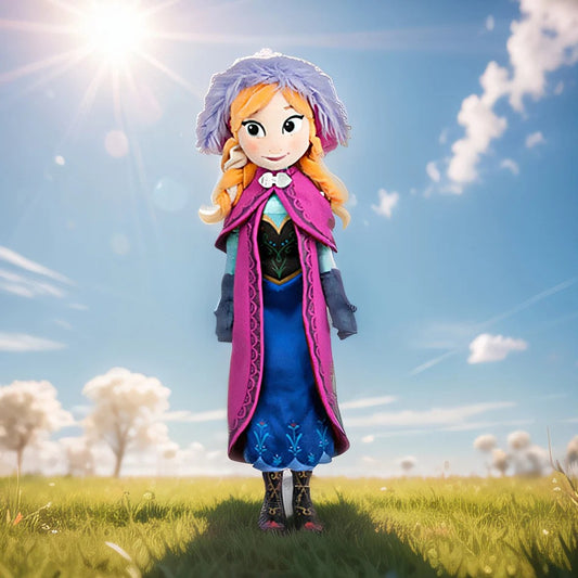 Toy figure of a character in a blue dress with a pink cloak standing in a grassy field with a blue sky. Official Disney Frozen Princess Anna Premium Cotton Plush by Titantoons – Available in 16-Inch & 20-Inch