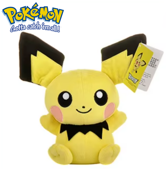 Plush toy resembling a Pokémon character with a tag on a white background Official Pokémon Pichu Premium Cotton Plush by Titantoons – 10-Inch