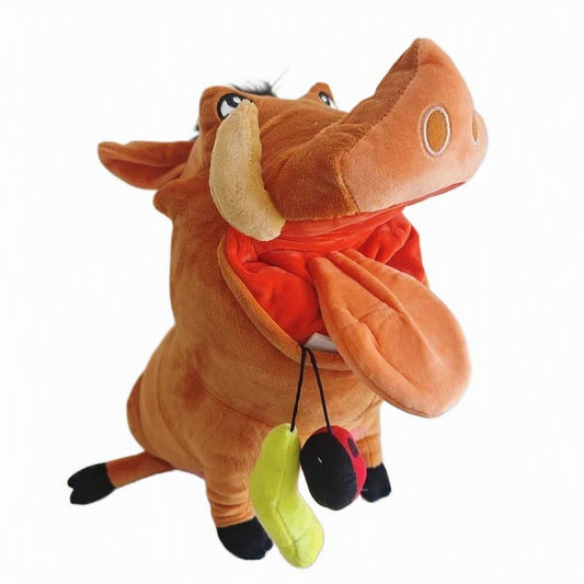A plush toy of a cartoon warthog character, likely Timmy the Warthog from The Powerpuff Girls, featuring a brown body, orange-red snout and inner mouth, black hooves, and hanging accessories including a lime green shoe and a black-and-red ball. Official The Lion King Pumbaa Premium Cotton Plush by Titantoons