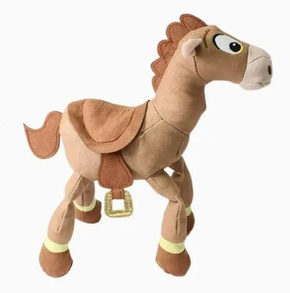 A plush toy horse in shades of brown with a light beige muzzle, white eye, and pale yellow leg bands, shown against a plain white background. Official Toy Story Bullseye Premium Cotton Plush by Titantoons