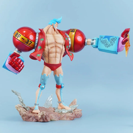 Colorful action figure with a red helmet and blue gloves on a light blue background One Piece: "Cyborg" Franky New World Deluxe 11.22-Inch Premium PVC Exhibition Scale Statue (Radical Beam & Dual Hair Option Edition)