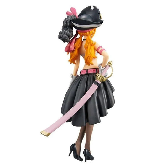 Action figure with orange hair and black outfit holding a sword on a white background One Piece Film Red: Nami (The Grandline Lady Vol.3) Authentic 19cm PVC Exhibition Scale Statue by Banpresto