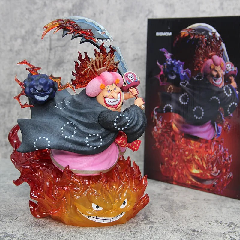 Colorful figurine with a character holding a sword, set against a gray background. One Piece: Four Emperors Big Mom Charlotte Linlin 26cm Premium Statue – Soul King Climax Combat Edition for Collectors & Media Rooms