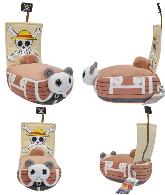a plush toys shaped like a pirate ship with a goat on a white background One Piece: Going Merry Authentic Sakami 17.7-Inch Premium Luxury Vessel Plush