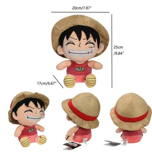 Plush toy with straw hat and measurements on a white background One Piece: Monkey D. Luffy Authentic Sakami 25cm Premium Plush