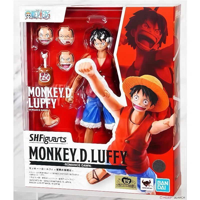 SHFiguarts Monkey D. Luffy action figure packaging with character images on a red background One Piece: Monkey D. Luffy (Romance Dawn Ver.) Authentic S.H. Figuarts Fully Articulated Action Figure by Bandai Spirits