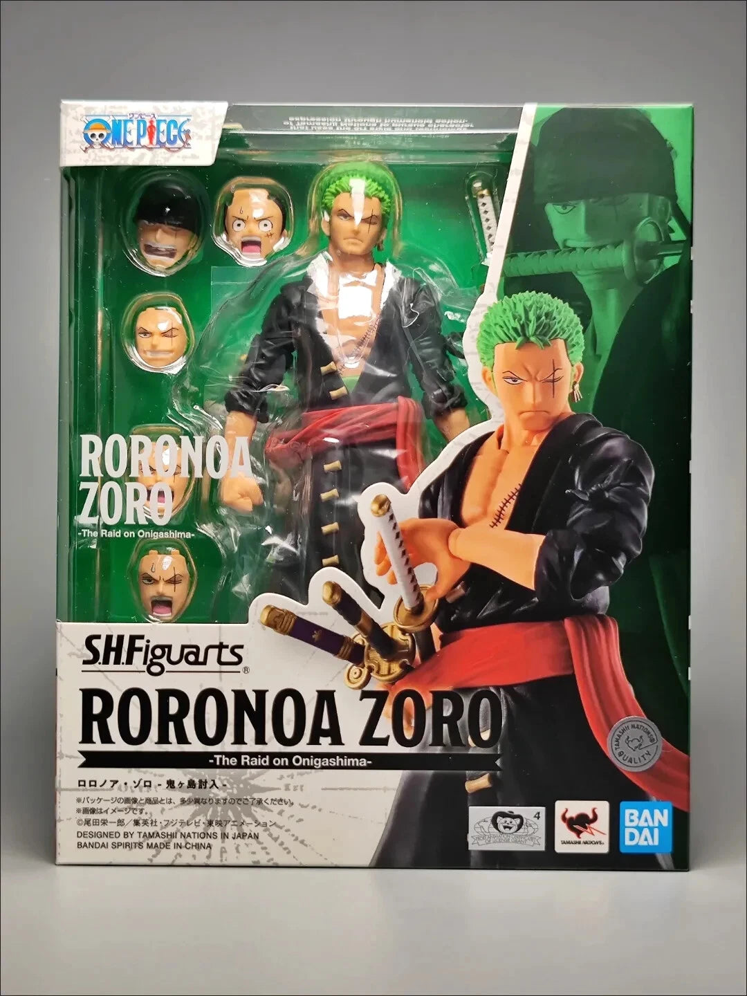 SH Figuarts Roronoa Zoro action figure packaging with green and black design One Piece: Roronoa Zoro (The Raid on Onigashima Ver.) Authentic S.H. Figuarts Fully Articulated Action Figure by Bandai Spirits