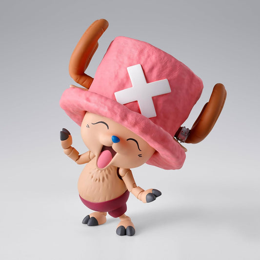 Toy figure with a pink hat featuring a white cross on a gray background One Piece: Tony Tony Chopper (Drum Island Ver.) Authentic S.H. Figuarts Fully Articulated Action Figure by Bandai Spirits