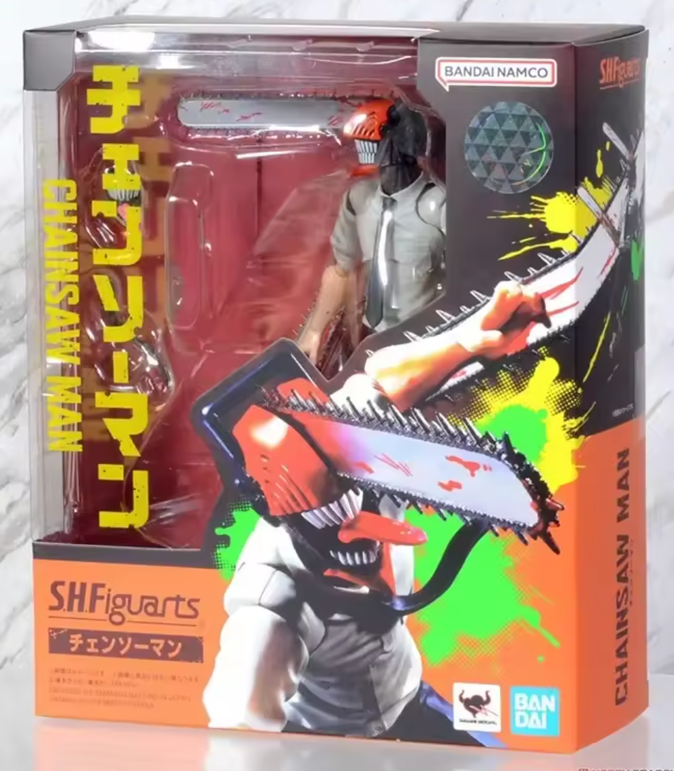 Action figure packaging with 'Saw Man' design, featuring Bandai Namco branding. S.H.Figuarts Chainsaw Man Authentic Action Figure – 5.9-Inch Fully Articulated Premium Collectible Character Statue by Bandai Tamashii Nations ox