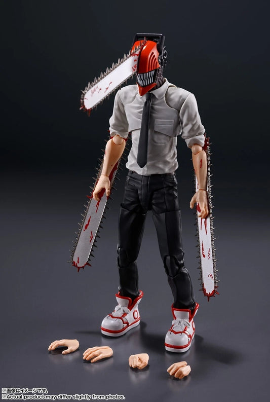 Action figure with a chainsaw for a head, wearing a shirt and pants, on a dark background. S.H.Figuarts Chainsaw Man Best Selection Authentic Action Figure – 15cm Fully Articulated Tamashii Nations Store Limited Exclusive Edition set