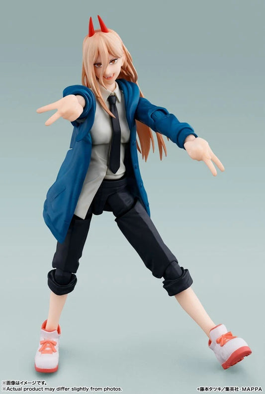 Action figure with red horns and a blue coat on a light gray background S.H.Figuarts Power Authentic Action Figure – 5.7-Inch Blood Fiend Fully Articulated Premium Collectible with Meowy Figure front