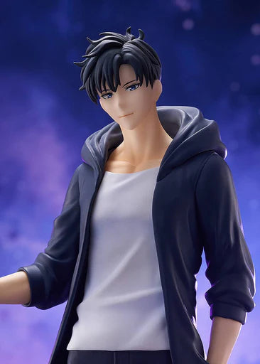 Figurine of a character wearing a dark hoodie and white shirt against a purple gradient background Solo Leveling POP UP PARADE L Size Sung Jinwoo Authentic 23cm Statue Figure – Shadow Monarch Awakening Edition closeup