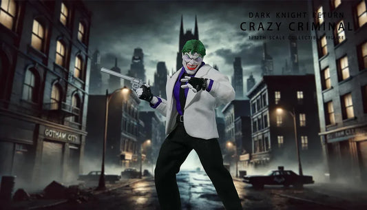 Action figure of The Joker from 'Dark Knight Rises' in a Gotham City street setting. The Crazy Criminal (JM005) 112 Scale Collectible Action Figure by JMToys
