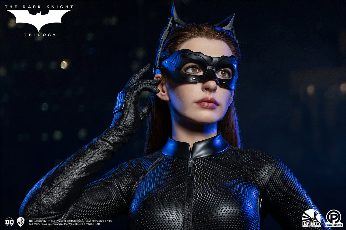 Catwoman figure from 'The Dark Knight Trilogy' with a dark background The Dark Knight Rises Catwoman (Selina Kyle) 1:1 Scale Life-Size Masterpiece Bust by Infinity Studio x Penguin Toys
