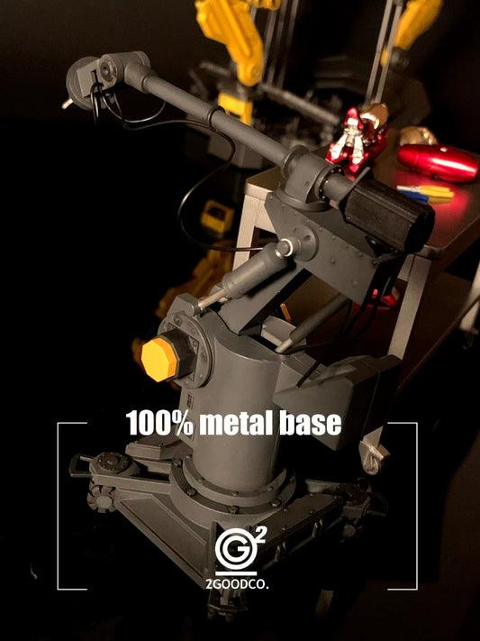 Mechanical arm with 100% metal base on a dark background, featuring the 2GoodCo logo. 2GOODCO 1/12 Scale High-Tech Lab Robotic Arms Mechanical Workshop Upgrade Set
