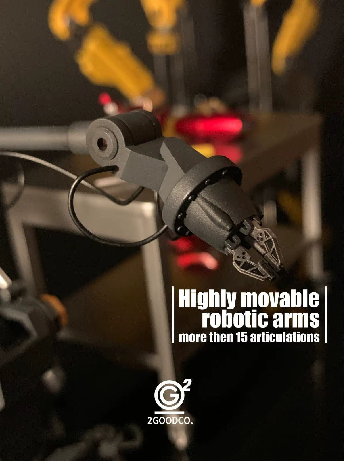 Highly movable robotic arm with text highlighting articulations and a brand logo. 2GOODCO 1/12 Scale High-Tech Lab Robotic Arms Mechanical Workshop Upgrade Set
