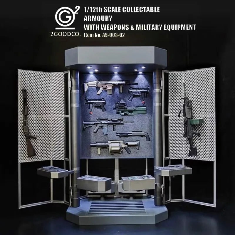 1/12th scale collectable armoury with weapons and military equipment displayed in a showcase. 2GOODCO 1/12 Scale LED Light Armoury Gun Weapons Military Equipment Tactical Diorama Set
