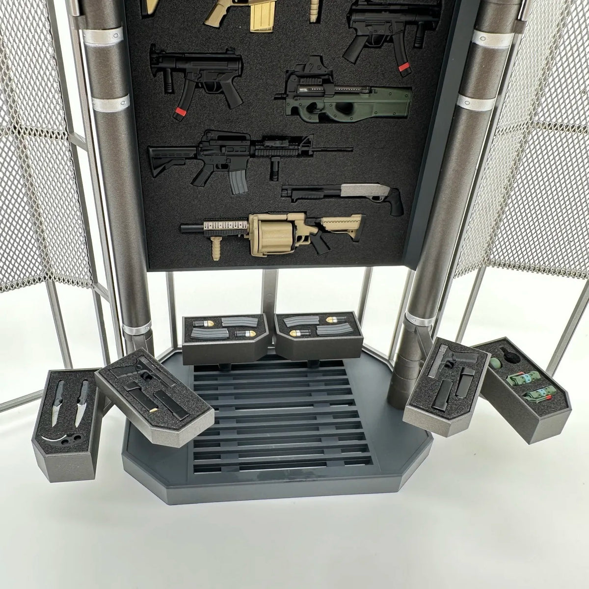Model gun display stand with various toy guns on a white background 2GOODCO 1/12 Scale LED Light Armoury Gun Weapons Military Equipment Tactical Diorama Set