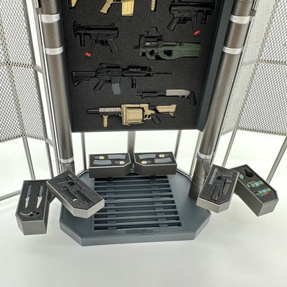 Model gun display stand with various toy guns on a white background 2GOODCO 1/12 Scale LED Light Armoury Gun Weapons Military Equipment Tactical Diorama Set