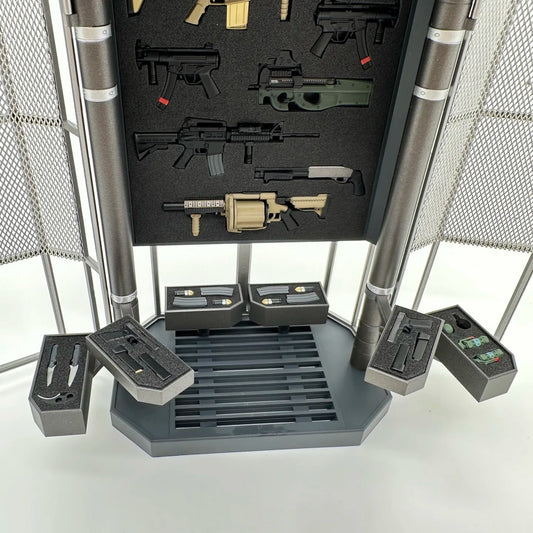 Model gun display stand with various toy guns on a white background 2GOODCO 1/12 Scale LED Light Armoury Gun Weapons Military Equipment Tactical Diorama Set
