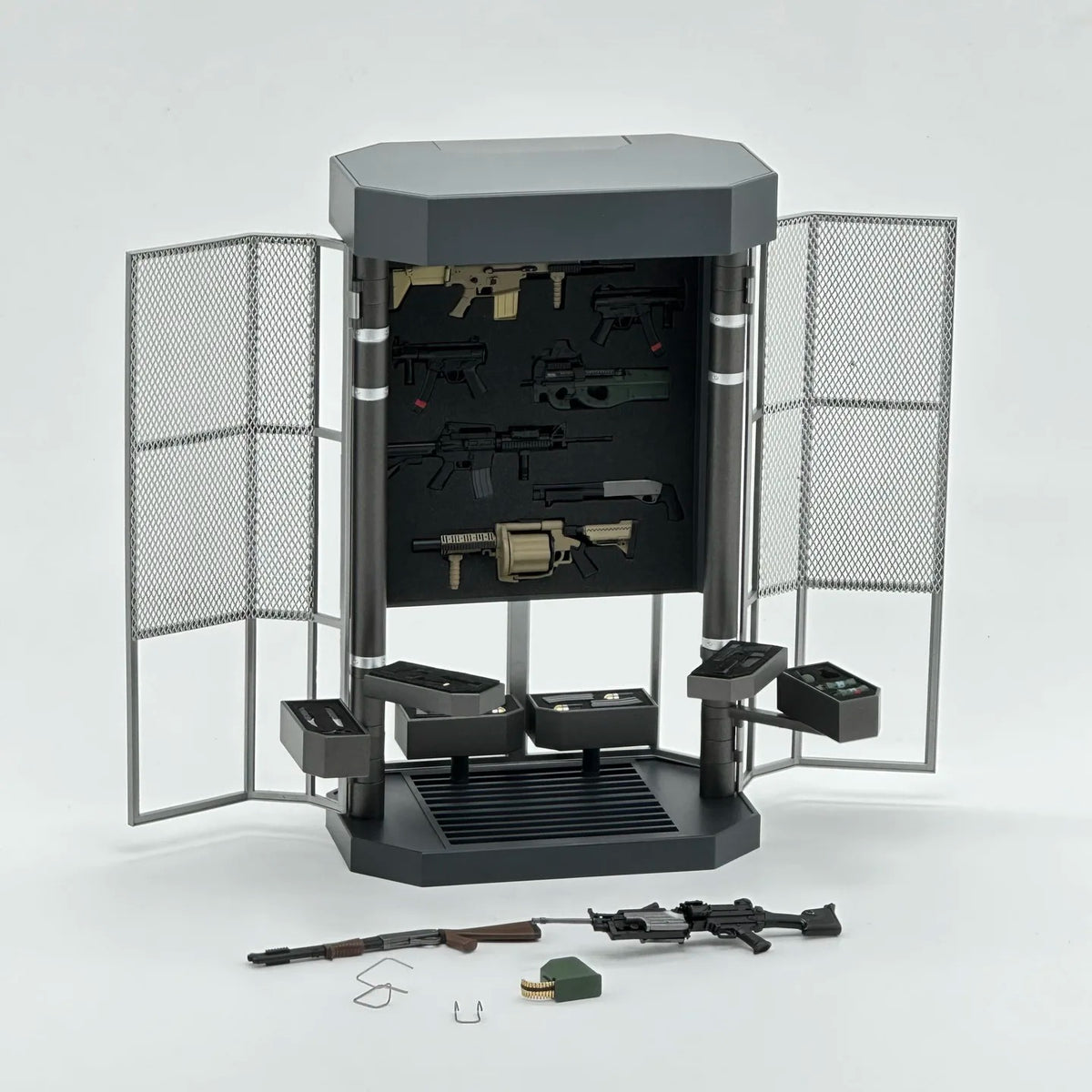Model kit display stand with various model components on a white background 2GOODCO 1/12 Scale LED Light Armoury Gun Weapons Military Equipment Tactical Diorama Set