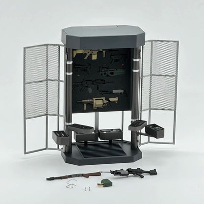 Model kit display stand with various model components on a white background 2GOODCO 1/12 Scale LED Light Armoury Gun Weapons Military Equipment Tactical Diorama Set